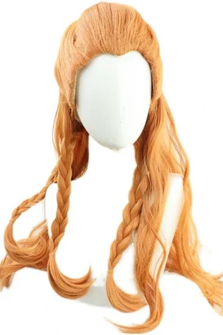 ZXR Radiant wig featuring long, wavy orange hair with two braided sections on either side.
