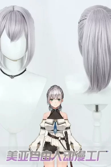 Gray wig specially styled for dolls; front and back views shown; includes anime character image for inspiration