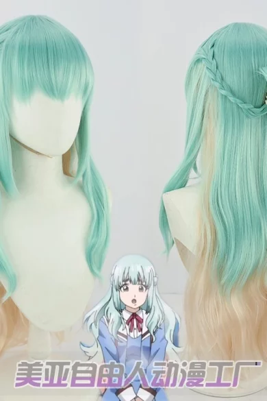 Two-tone teal and blonde anime-style wig with an anime character image below, suitable for a sex doll.