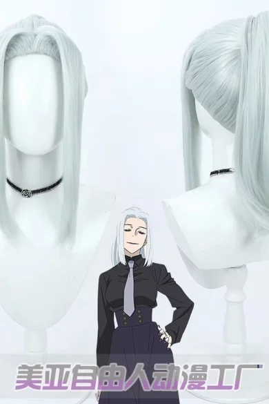 Two love doll heads with ZXR Radiant wigs #103 in icy blue, styled after an anime character, wearing sleek black outfits with ties.