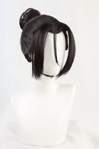 ZXR Radiant wig #69 features a sleek black updo with long front bangs, displayed on a mannequin head.