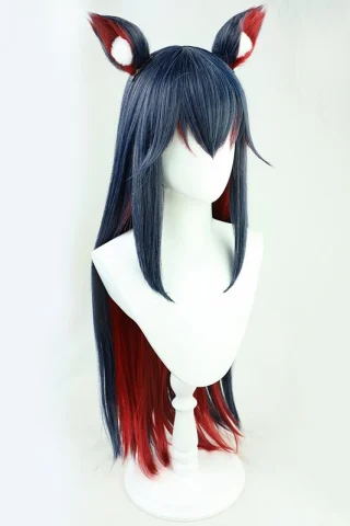 Wig with red and black gradient, featuring long straight hair and animal ears, displayed on a white mannequin head.