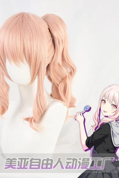 Blonde curly wig on stand next to anime character with lollipop adding playfulness