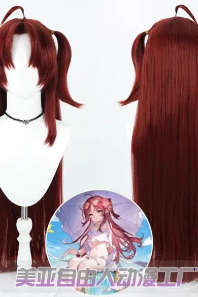 Red anime-style wig with long pigtails on a sex doll.