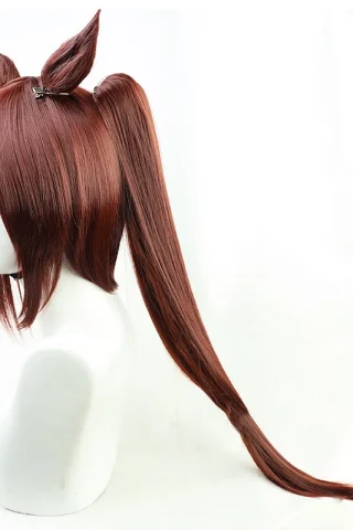 ZXR Radiant wig #127 features long, straight reddish-brown hair with two pointed pigtails and a clip accessory.