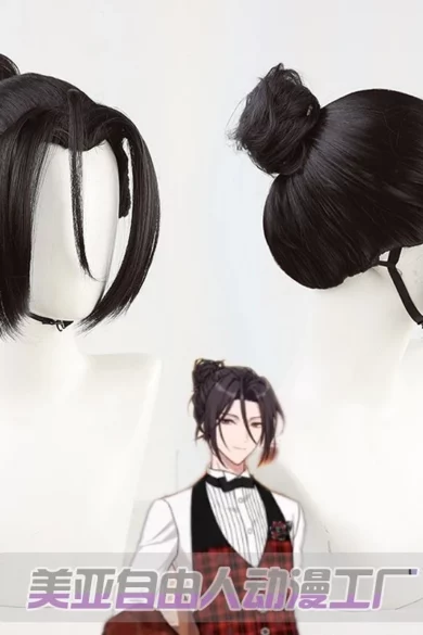 ZXR Radiant wigs #69 in black with anime-style bun and small anime character illustration, designed for a sex doll