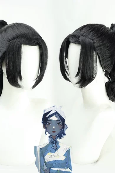 Two ZXR Radiant wigs 109 displayed with a digital character illustration in blue attire below, enhancing the love doll collection.