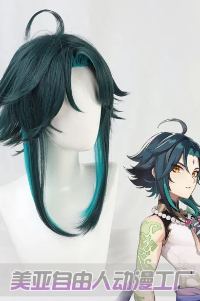 Black and teal anime-style wig displayed alongside a character illustration with matching hairstyle