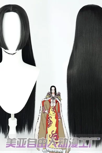 Sleek black long straight wig on a stand, with vibrant character illustration in red and yellow below.