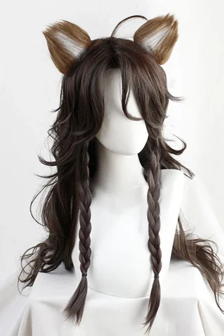 ZXR Radiant wig #17 features long dark brown hair with braided pigtails and brown fox ears.