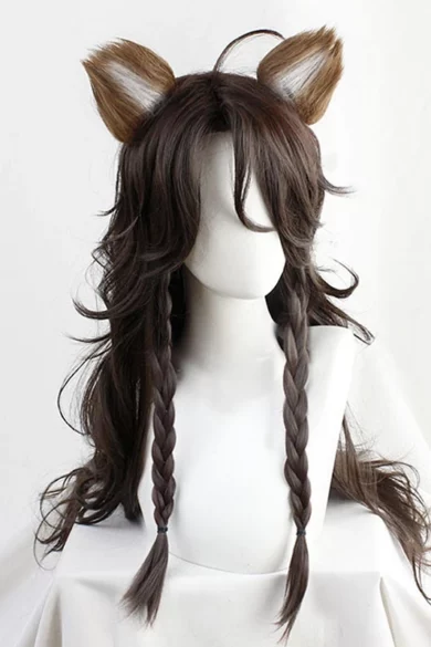 ZXR Radiant wigs 17 long brown braided wig with animal ears on white background