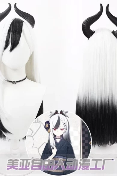 ZXR Radiant wigs #21 white and black with horns shown front and back, anime character in corner for love doll