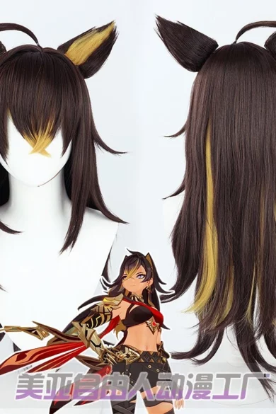 ZXR Radiant Wigs #20 brown cosplay wig with yellow highlights and cat ears, featuring character designs at the base for accessorizing a Love Doll.