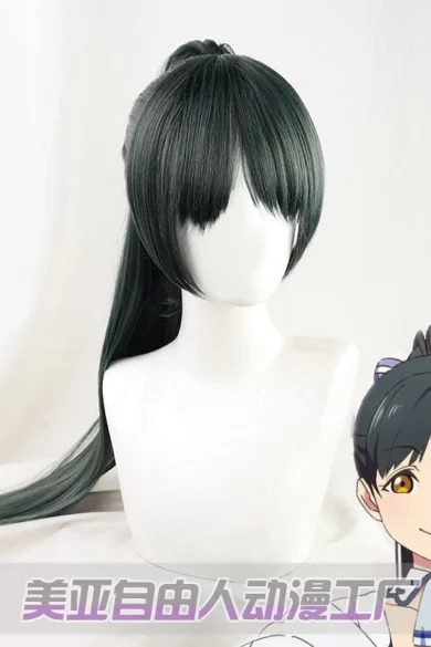 Sex doll with ZXR Radiant Wigs #81 in dark green, anime-inspired; character illustration reference at bottom right.