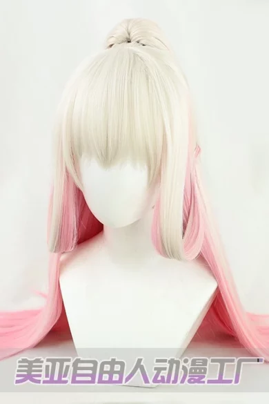 A long white and pink gradient wig with a high top knot displayed for a love doll