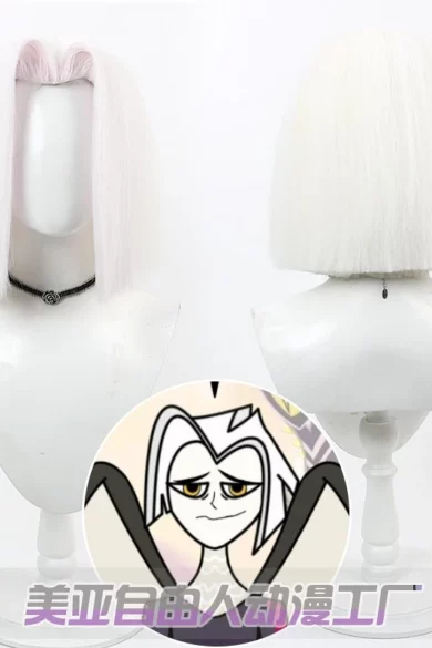 White bob-style wig on a sex doll with cartoon character inset at the bottom