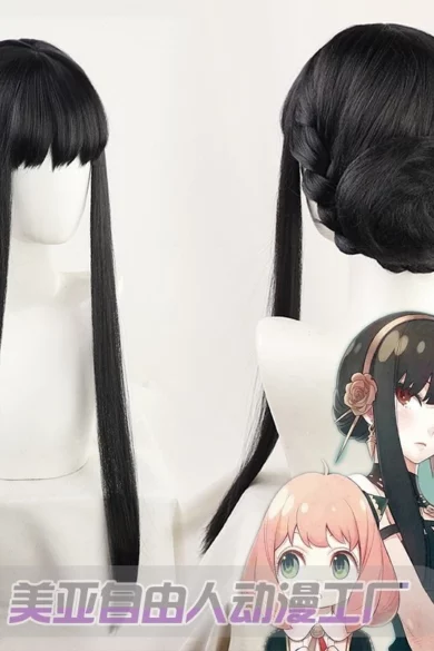 Black anime-style wig with braided bun and long bangs on sex doll, accompanied by two iconic anime characters in the corner.