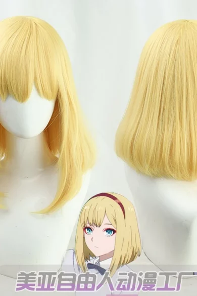 Blonde bob wig with bangs inspired by anime character on a Love Doll display