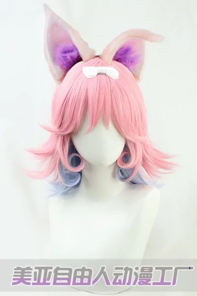 Love doll wearing ZXR Radiant Wig #78 with pink and purple design and animal ears