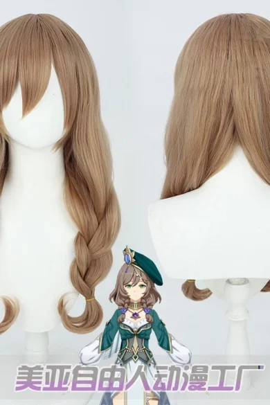 Front and back view of long brown cosplay wig with intricate braids, featuring a small character illustration at the bottom.