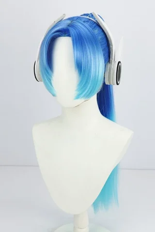 ZXR Radiant wig #108 features a long blue gradient with a sleek design and attached silver headphones.