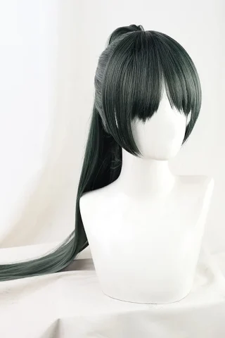 ZXR Radiant wig #81 features long dark green hair styled in a high ponytail with blunt bangs.