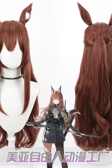 Anime-inspired brown wig with long hair and animal ears for dressing up a sex doll