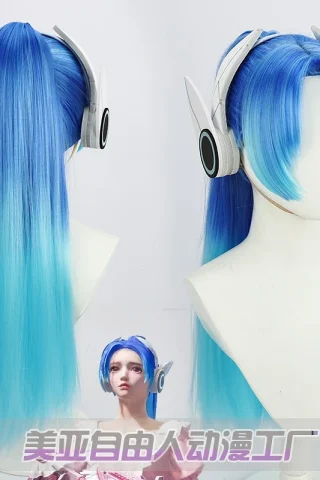ZXR Radiant wig #108 features long, straight blue hair with a gradient, paired with futuristic silver headphones.