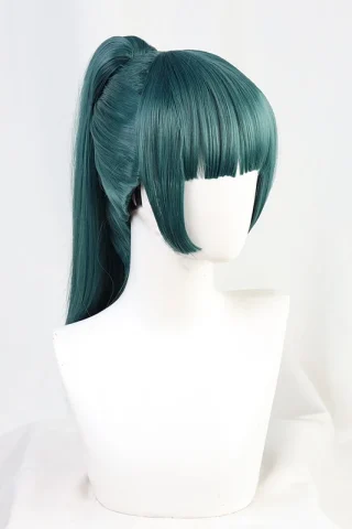 ZXR Radiant wig #99 features a long teal ponytail with straight bangs, displayed on a white mannequin head.