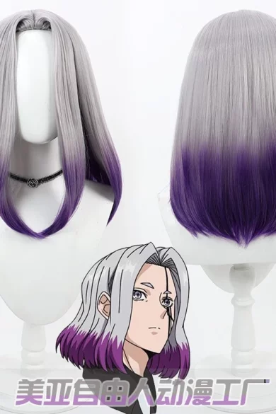 Wig with silver and purple ombre design on stand, suitable for anime-style love doll.