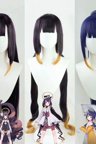 Three ZXR Radiant wigs #18 with long dark ombre tips displayed alongside three anime characters with similar hairstyles.