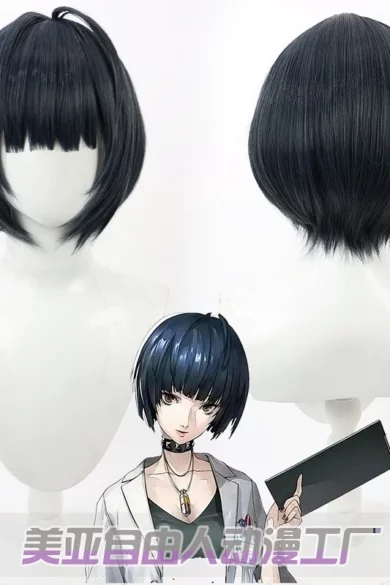 ZXR Radiant Wigs #43 black bob wig with front and back views, anime character illustration holding a book