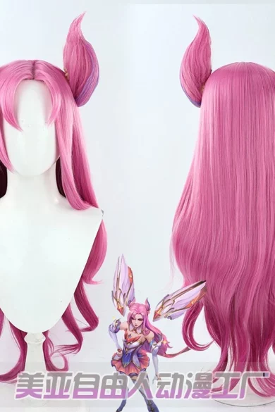 Sex doll with long pink wig, styled with two pointed side pieces, shown from front and back; winged character image below adds a whimsical touch.