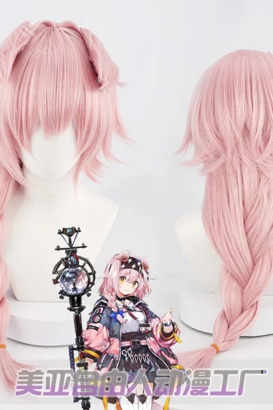 ZXR Radiant wig #37 in pink, featuring braided design and layered bangs, shown with front and back views. Anime character displayed below for love doll enhancement.