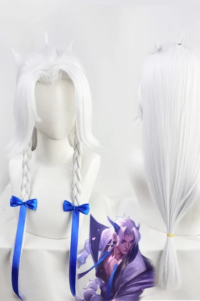 White anime cosplay wig with long braids and blue ribbons suitable for doll transformation, shown front and back