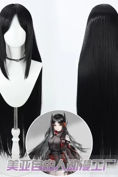 Long black wig on display stand with anime character illustration inset at bottom center, style associated with love dolls