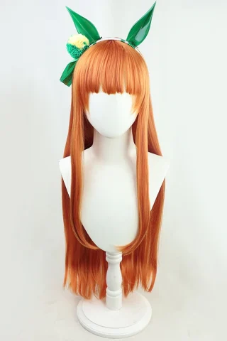 ZXR Radiant wig #138 features long, straight orange hair with blunt bangs and green leaf accents on a white display stand.
