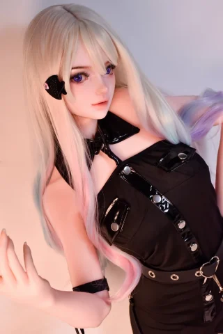 HB048-Kino Kayoko 148cm features long, straight hair with pastel colors, wearing a black dress with shiny details and a fish-shaped hair accessory.