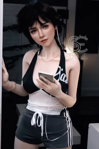 160cm C Cup Head #68SOA SE Doll with short dark hair and earphones, holding a phone in sporty top and shorts.