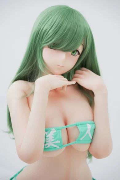 ShioriC - HSS 148cm Irokebijin with long green hair and vibrant green bikini posed against a neutral backdrop, hands positioned near face.