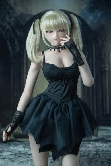 Abby Halloween 148cm ElsaBabe sex doll in gothic black dress with blonde twin ponytails and dark lace gloves indoors