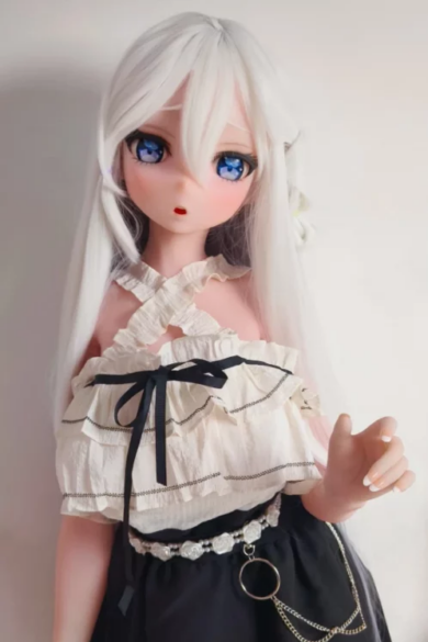 Agatsuma Mayumi 148cm love doll with long white hair, large blue eyes, ruffled top, and black skirt with chains.