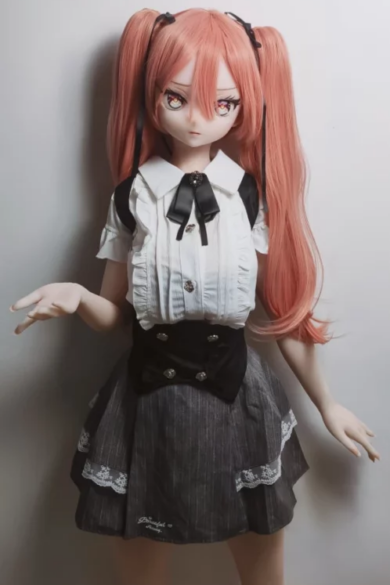 Mizutani Yuzu 148cm RAD034 L Breasts sex doll with long pink hair and black and white outfit including skirt and bows against plain background