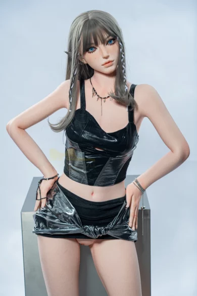 S41 163cm C Cup Irontech sex doll with braided hair wearing black clothing against a light background