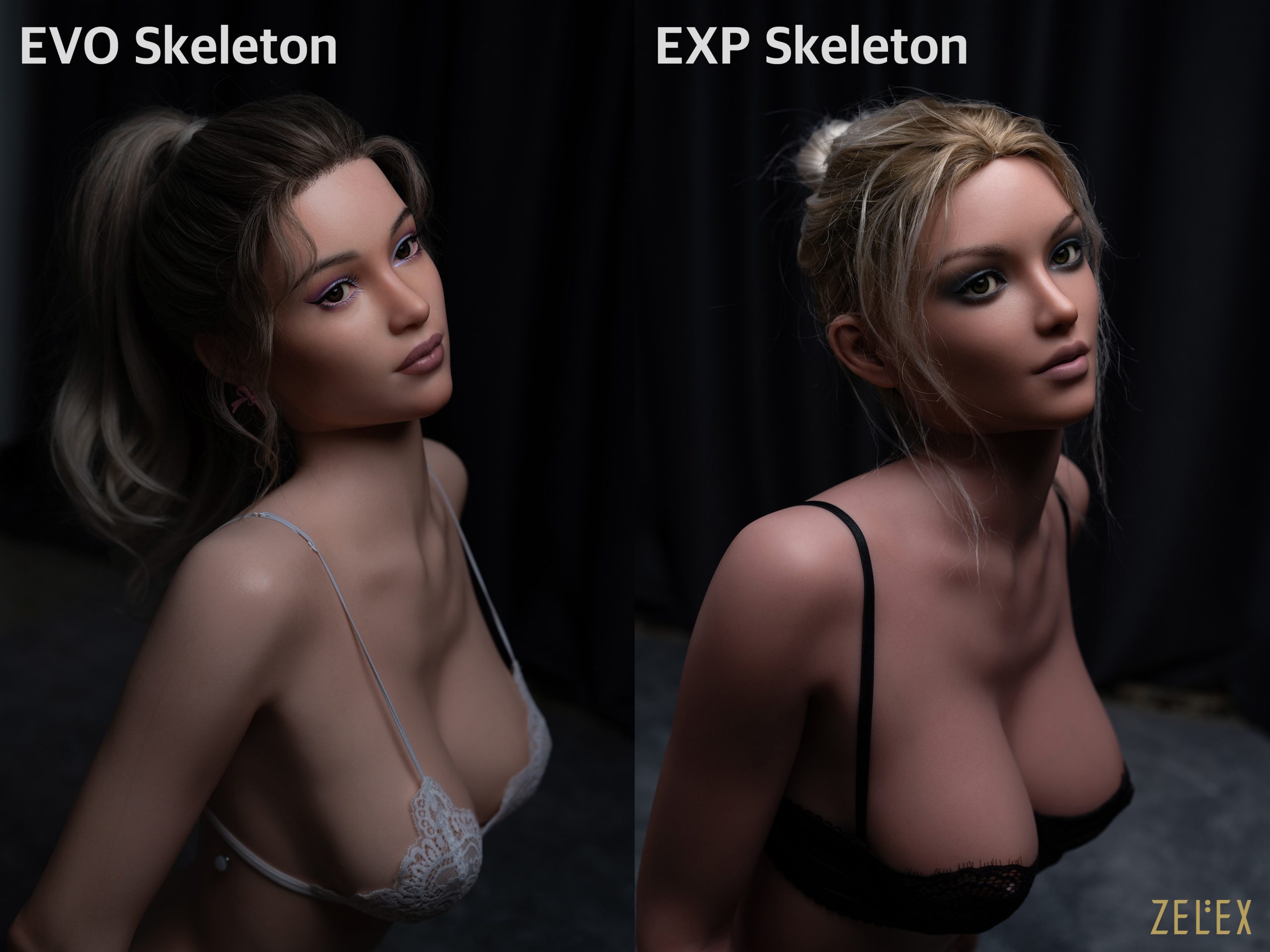 1 Two lifelike dolls are displayed side by side; the left features an EVO skeleton with a lace bra, while the right showcases an EXP skeleton in a black bra, both with long hair and realistic facial features.