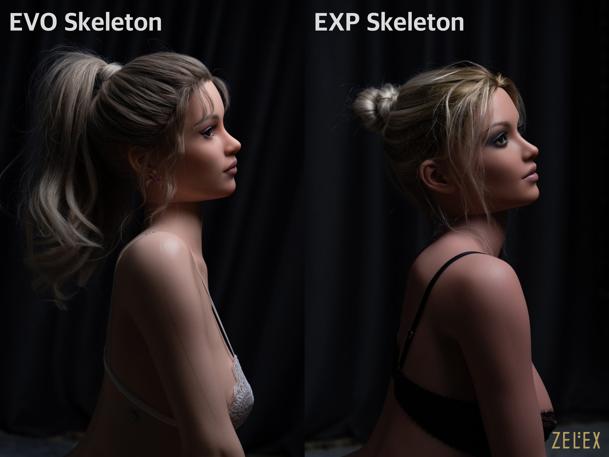 2 Two side-profile images of lifelike dolls, one labeled "EVO Skeleton" and the other "EXP Skeleton," both featuring long hair and a similar pose.