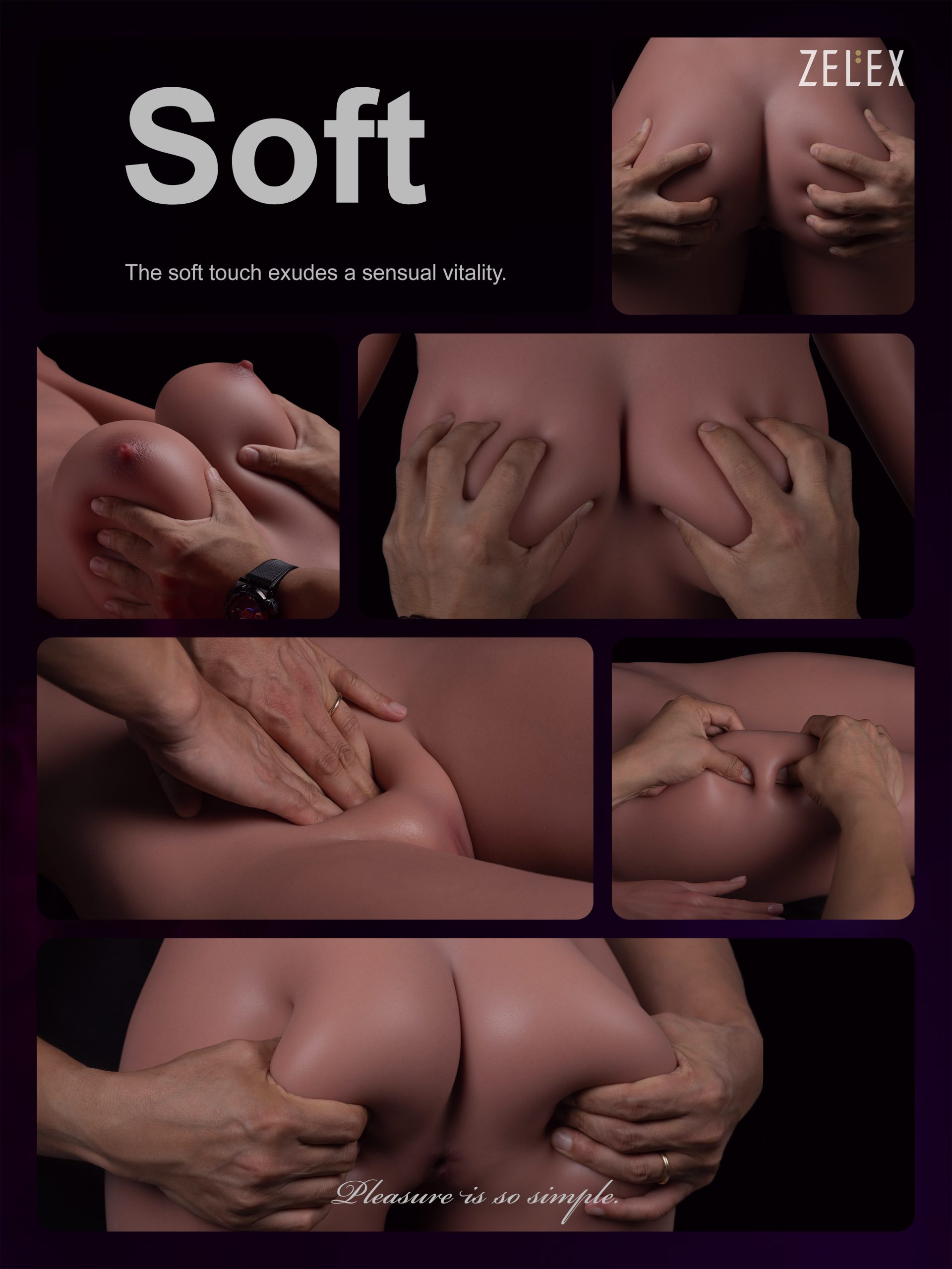 The image features a series of close-up shots highlighting hands gently touching and caressing soft, lifelike skin, emphasizing sensuality and texture.
