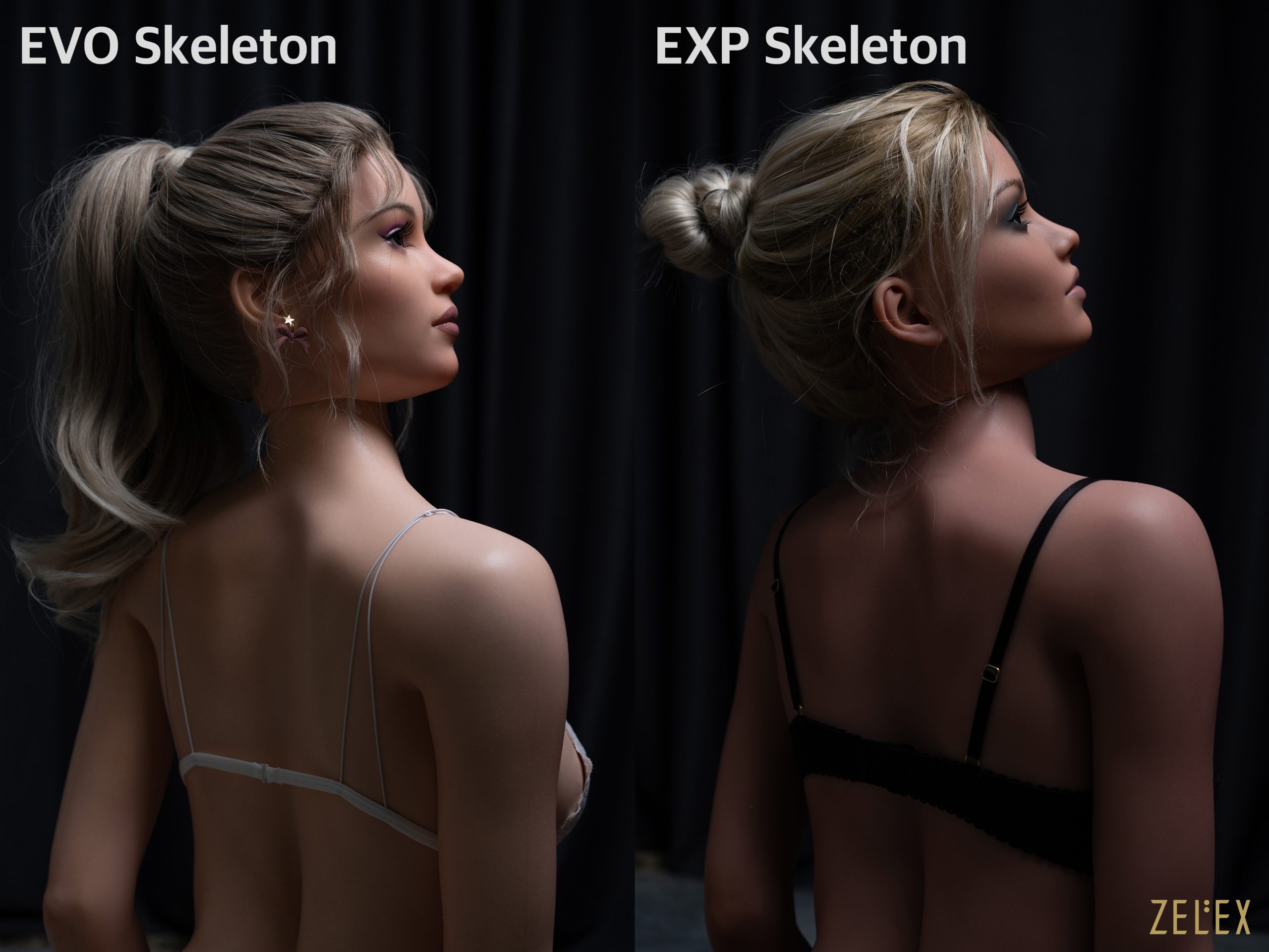 4 Two realistic dolls are displayed from the back, one with a light-colored ponytail and a thin white strap, and the other with a dark ponytail and a black strap. The background is dark, emphasizing the dolls' details.