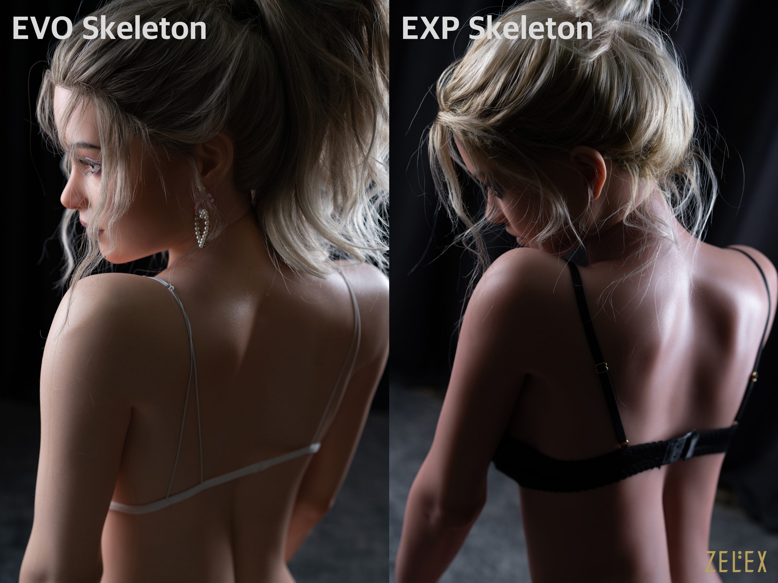 5 The image shows two dolls from the back, one with a silver strap and the other with a black strap, highlighting their skeletal structures.
