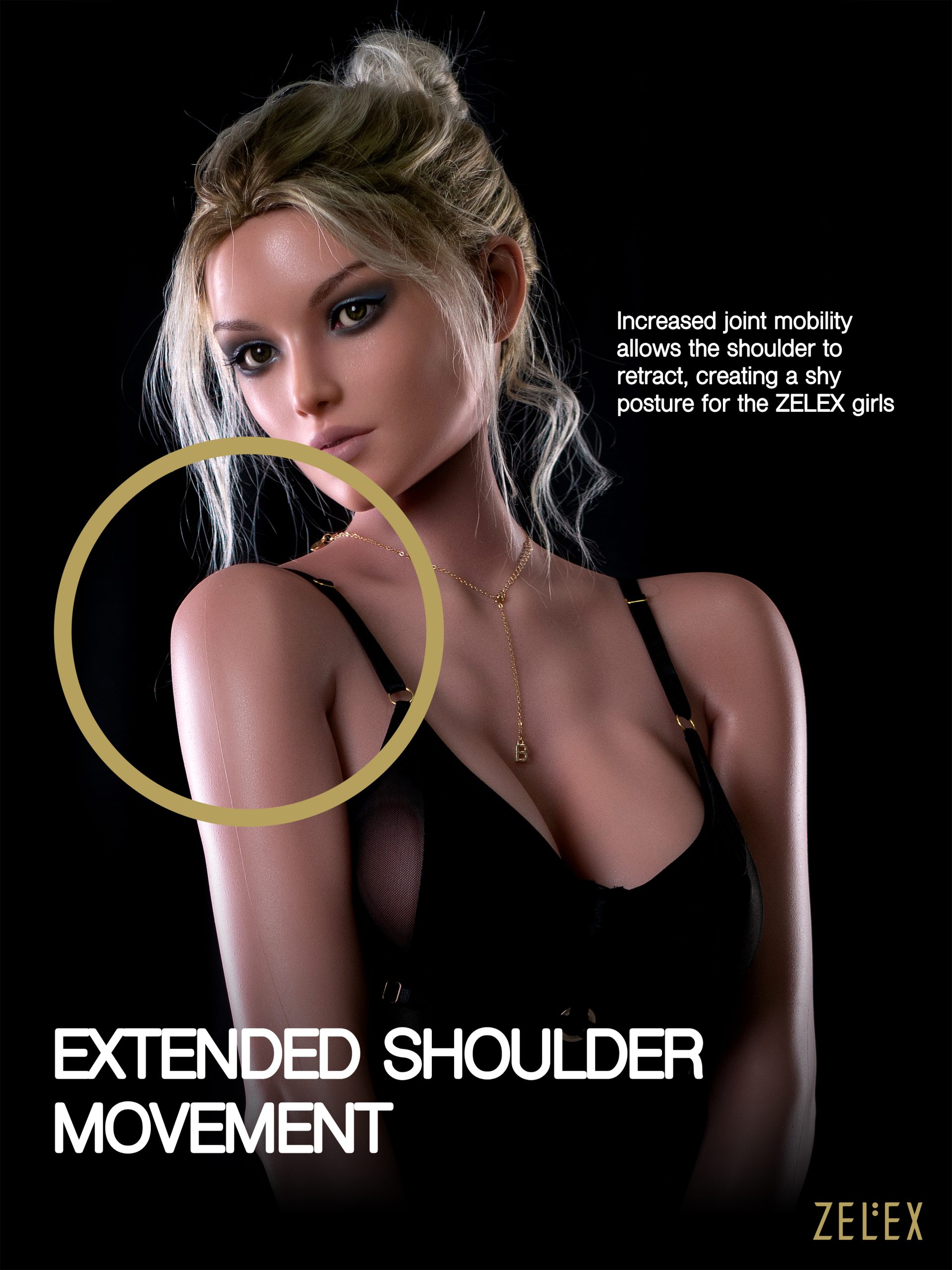 Zelex EXP Skeleton A lifelike doll with long blonde hair and a black outfit poses with a shy expression, highlighting her flexible shoulder joint.